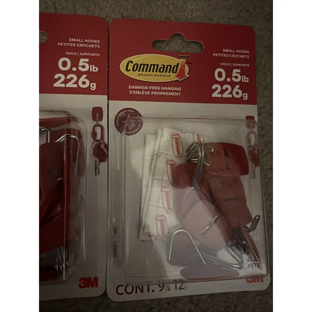 3M Command Red Small Wire Hooks -9 Hooks, 12 Strips - holds .5lbs Lot of 3